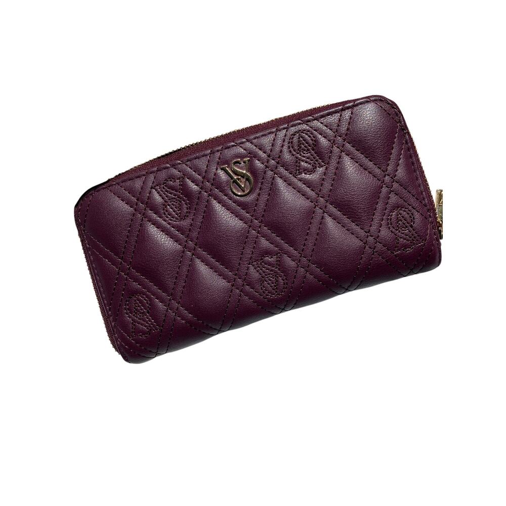 Victoria’s Secret Burgundy Quilted Zip Around Wallet Gold Tone Logo